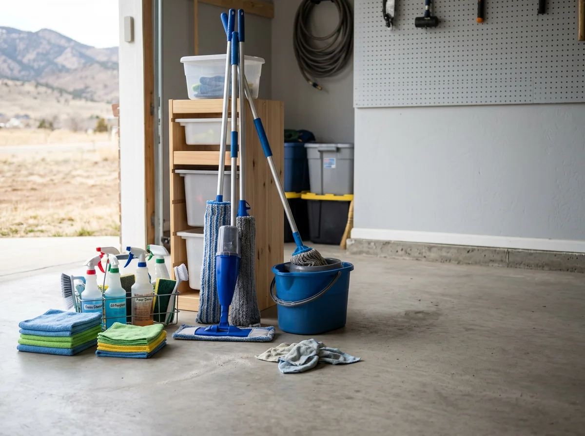 Cleaning supplies and equipment arranged for a job, including mops, microfiber cloths, and spray bottles. The scene shows no people.