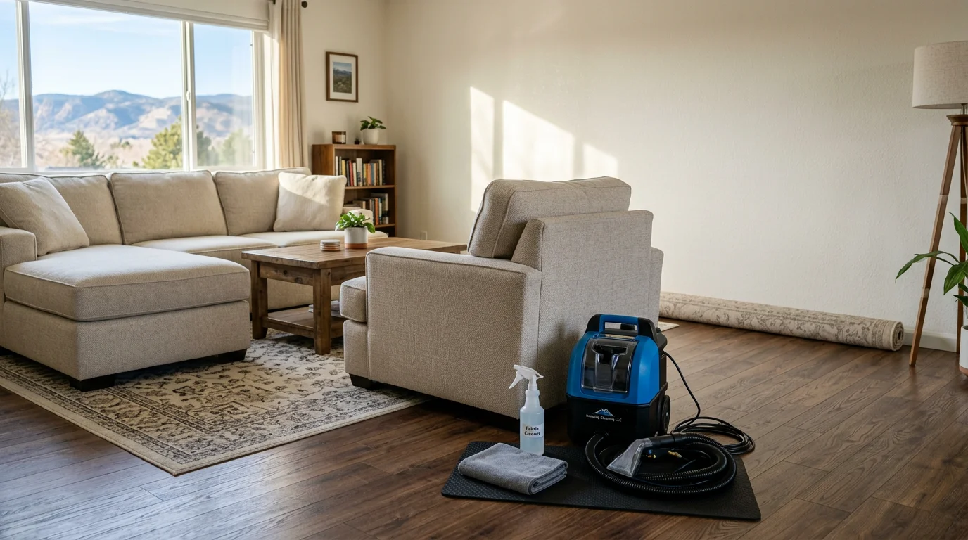 Technician cleaning a sofa cushion in a Lafayette, CO living room