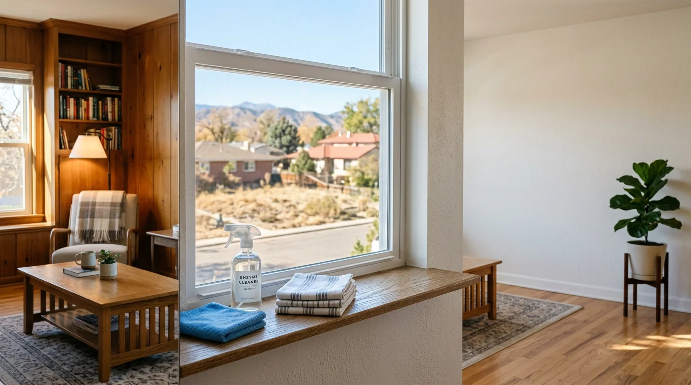 Cleaner wiping a kitchen counter in a bright Longmont home