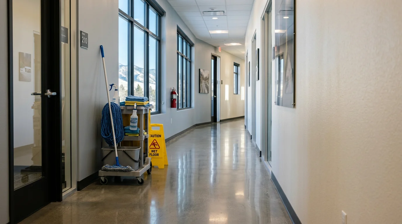 Janitorial crew cleaning an office hallway in Boulder, CO