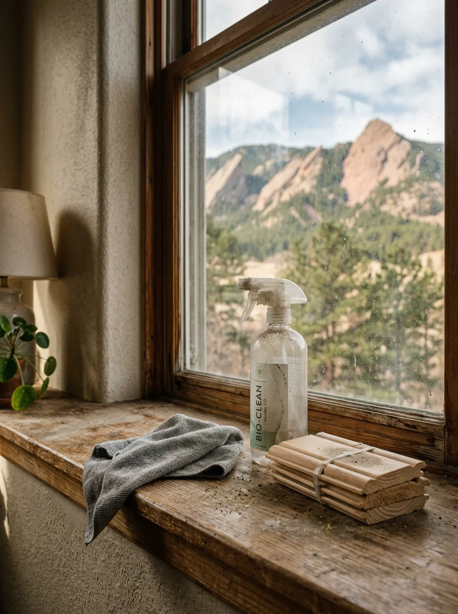 Close-up of a cleaning professional wiping a windowsill covered in fine dust and pollen residue in a Boulder home near the Flatirons.