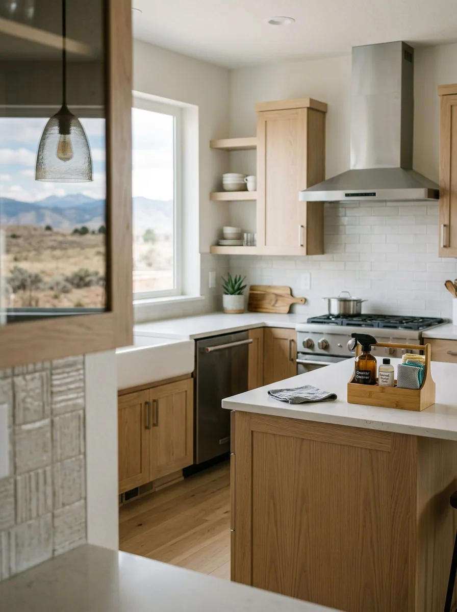 A cleaning professional wiping stone countertops in a large open-plan kitchen of a newer Broomfield home in the Anthem community.