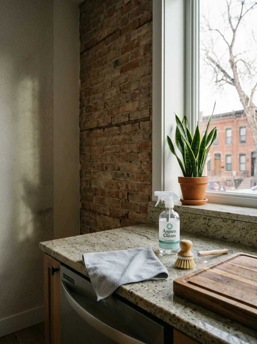A cleaning professional wiping down modern stone countertops in a new infill townhome in Denver's RiNo neighborhood, with exposed brick wall visible in the background.