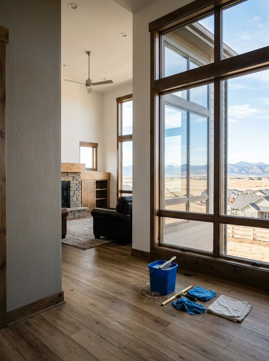 A cleaning professional cleaning large windows in a high-ceiling living room of a newer Erie, CO home in a subdivision like Colliers Hill.