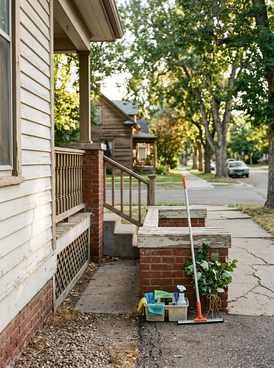 A cleaning professional scrubbing original tile in a campus-area rental property near the University of Northern Colorado in Greeley, with older bungalow woodwork visible.