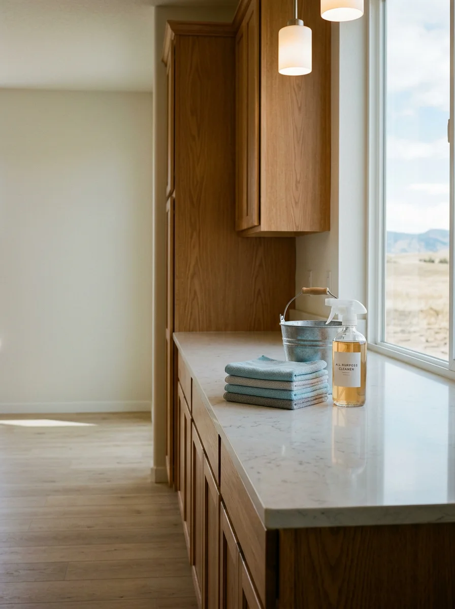 A cleaning professional wiping stone countertops in a newer Lafayette home near the Erie border, with an open-plan kitchen and modern cabinetry visible.