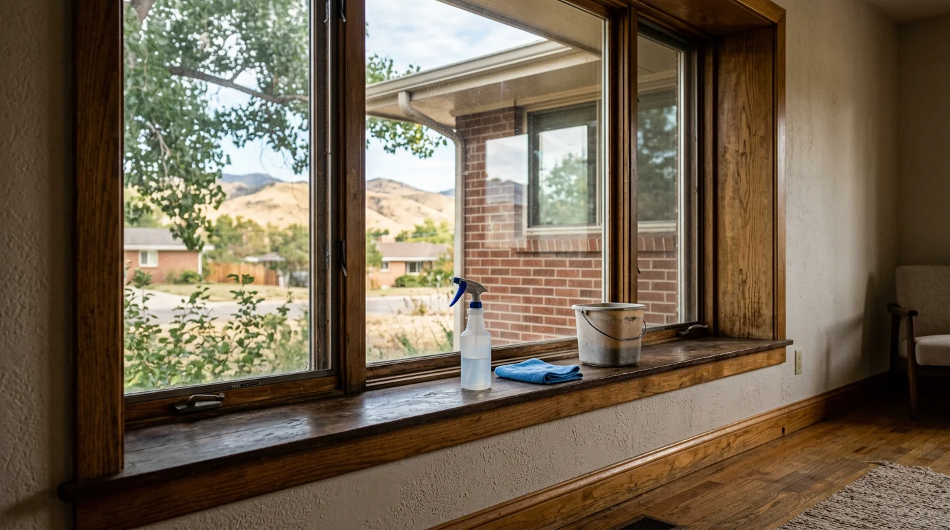 A cleaning professional wiping down wood trim in a brick ranch-style home in Central Longmont, Colorado, with natural light coming through original windows.