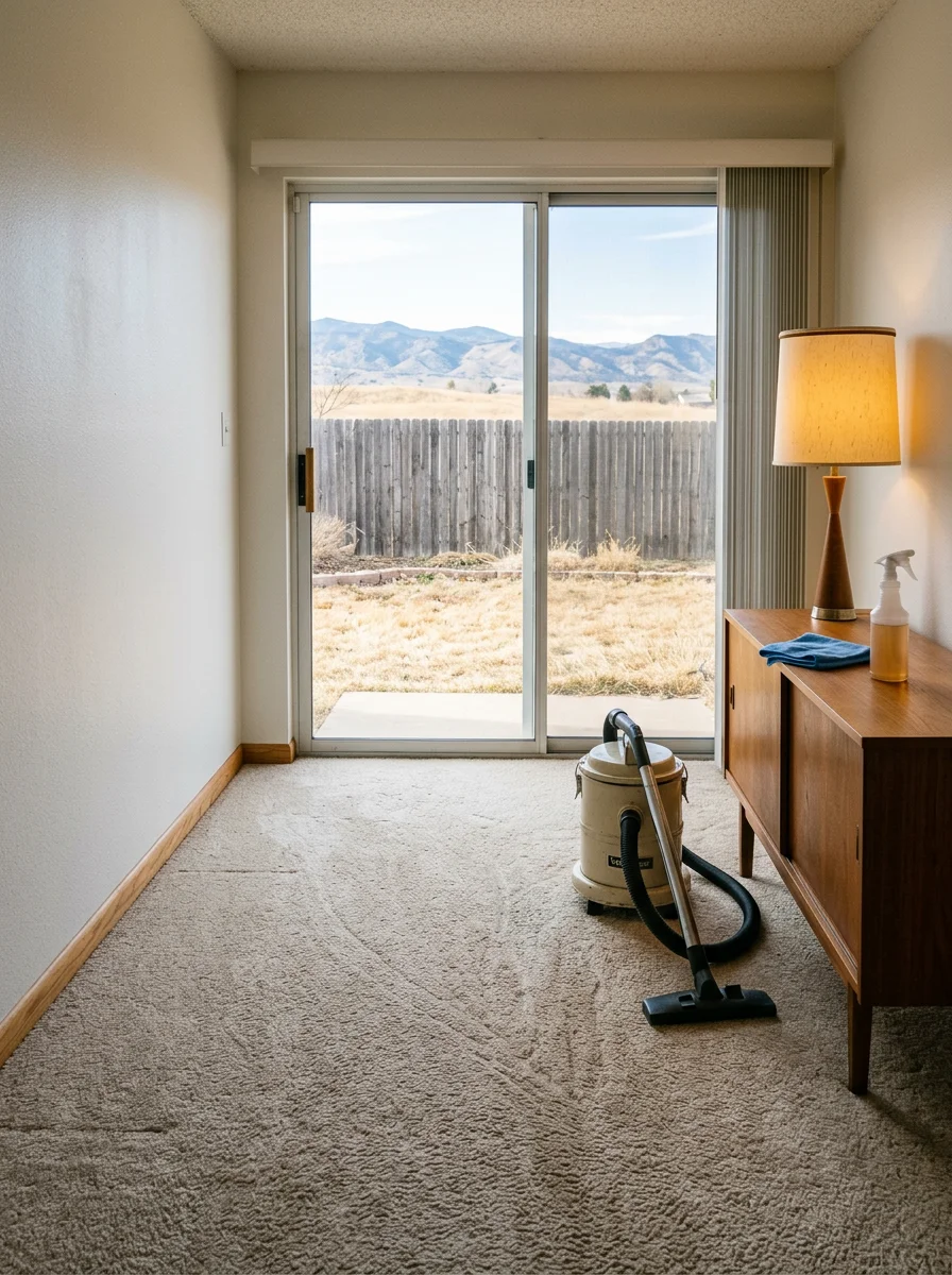 A cleaning professional vacuuming carpet in a mid-century ranch-style home in a Loveland suburban neighborhood, with a large backyard visible through the sliding glass door.