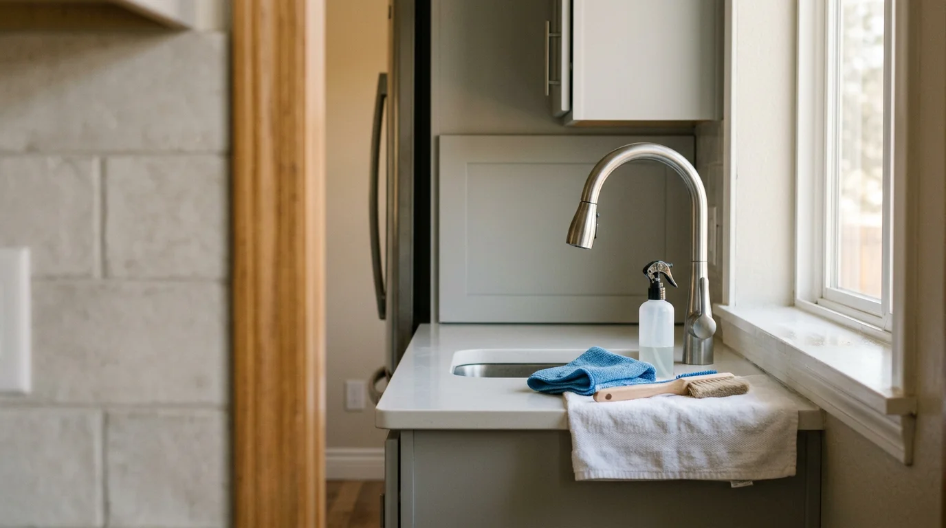 A sparkling clean kitchen in a Longmont, CO home after a professional deep clean, showing scrubbed grout, wiped cabinet fronts, and polished appliance surfaces. Close-up view of a degreased stovetop and clean countertops with no residue or buildup.