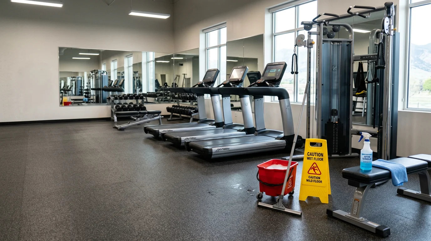 Clean gym floor and disinfected weight equipment inside a Longmont, CO fitness center. Cardio machines and free weight racks are wiped down and ready for members.