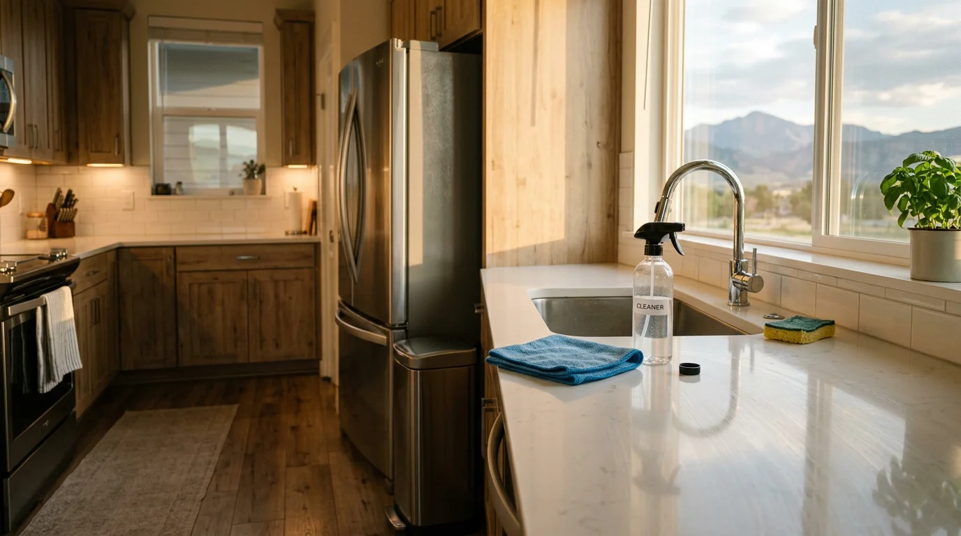 A clean kitchen in a Longmont, CO home with wiped counters, a spotless sink, and mopped floors after a general housekeeping visit by Amazing Cleaning LLC. Bright natural light shows dust-free surfaces throughout the room.
