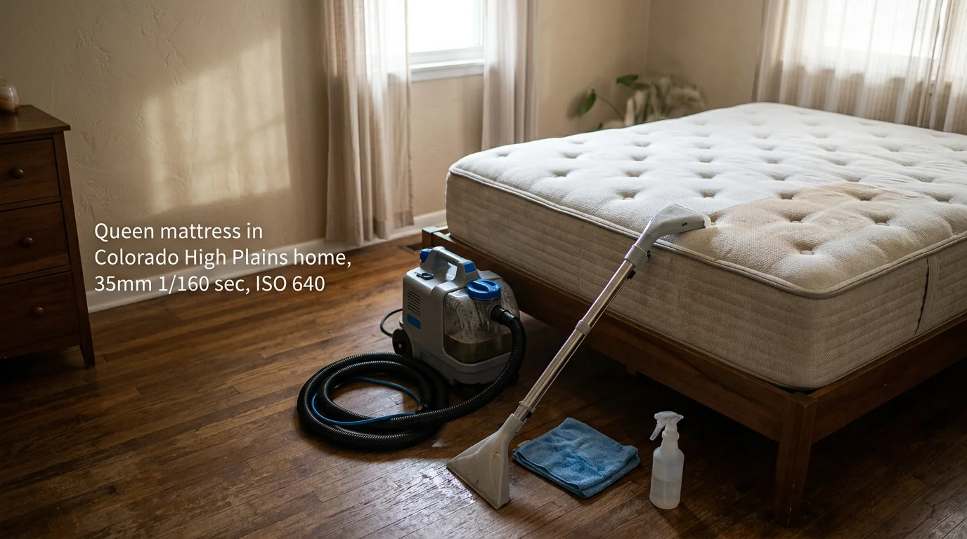 A freshly cleaned mattress on a bed frame inside a Longmont, CO home bedroom. The mattress surface is visibly clean with no stains or discoloration after professional cleaning.