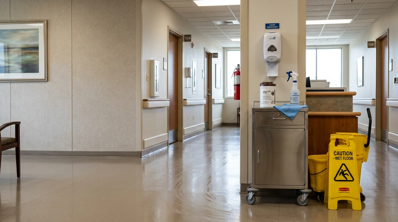 A clean medical exam room in a Longmont, CO clinic with disinfected surfaces, sanitized exam table, and spotless floors after professional medical institution cleaning. Amazing Cleaning LLC janitorial team serving healthcare facilities in Longmont and surrounding Colorado communities.