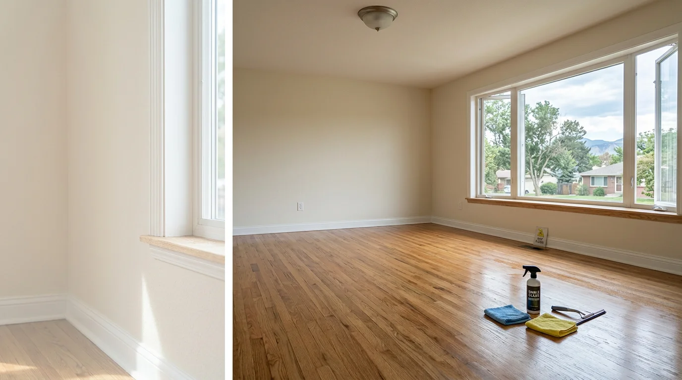 A spotless empty kitchen in a Longmont, CO rental home after professional move-out cleaning, with clean appliance interiors, wiped cabinet fronts, and scrubbed countertops visible. The space is fully cleared and ready for a landlord walkthrough.