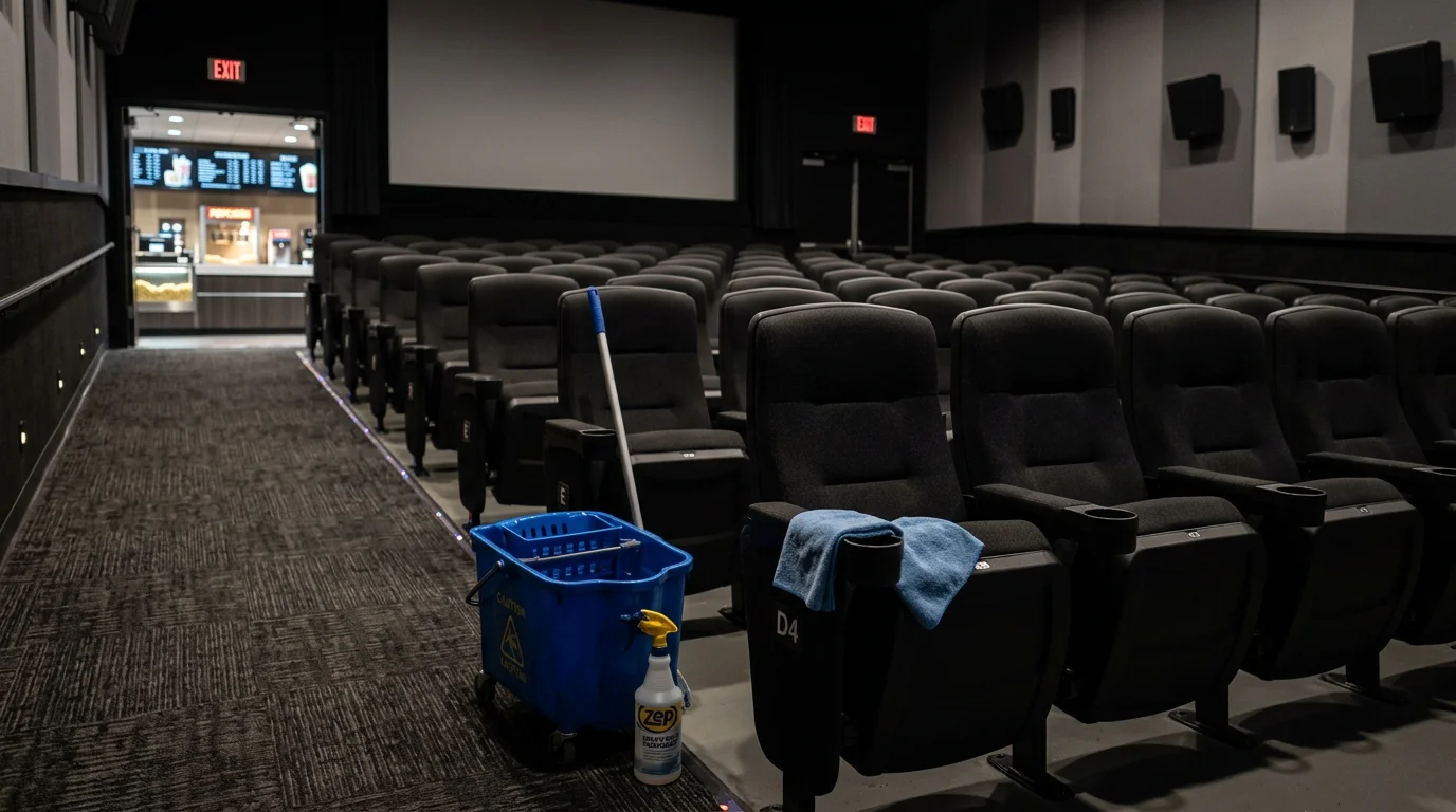 Clean movie theater auditorium in Longmont, CO with sanitized seating rows, clear aisles, and debris-free carpeted floors after professional cleaning service. Lobby area visible in background with wiped-down surfaces and empty trash receptacles.