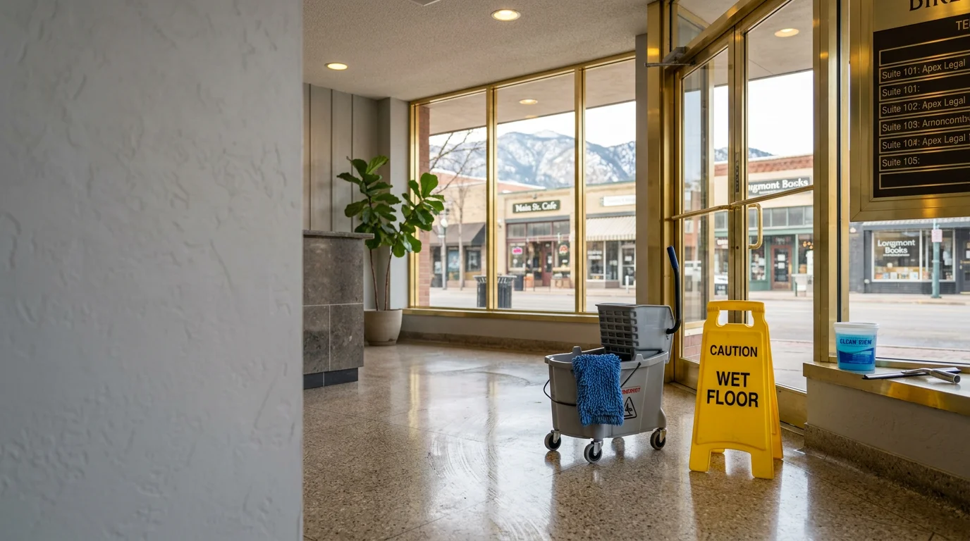 Clean, well-lit lobby hallway in a multi-tenant office building in Longmont, Colorado, with polished floors and tidy common area seating. A property manager walks through the shared space after a professional cleaning service visit.