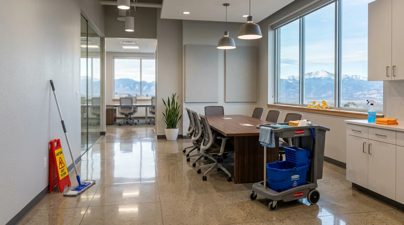 A clean, organized office workspace in Longmont, CO with wiped-down desks, vacuumed floors, and an uncluttered break room after professional janitorial service. The space reflects a tidy, work-ready environment typical of commercial offices along the Longmont Front Range corridor.