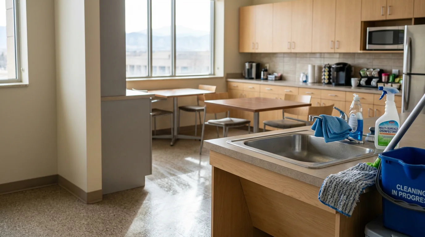 A clean, organized office workspace in Longmont, CO with wiped-down desks, vacuumed floors, and empty trash bins after a professional janitorial service visit.