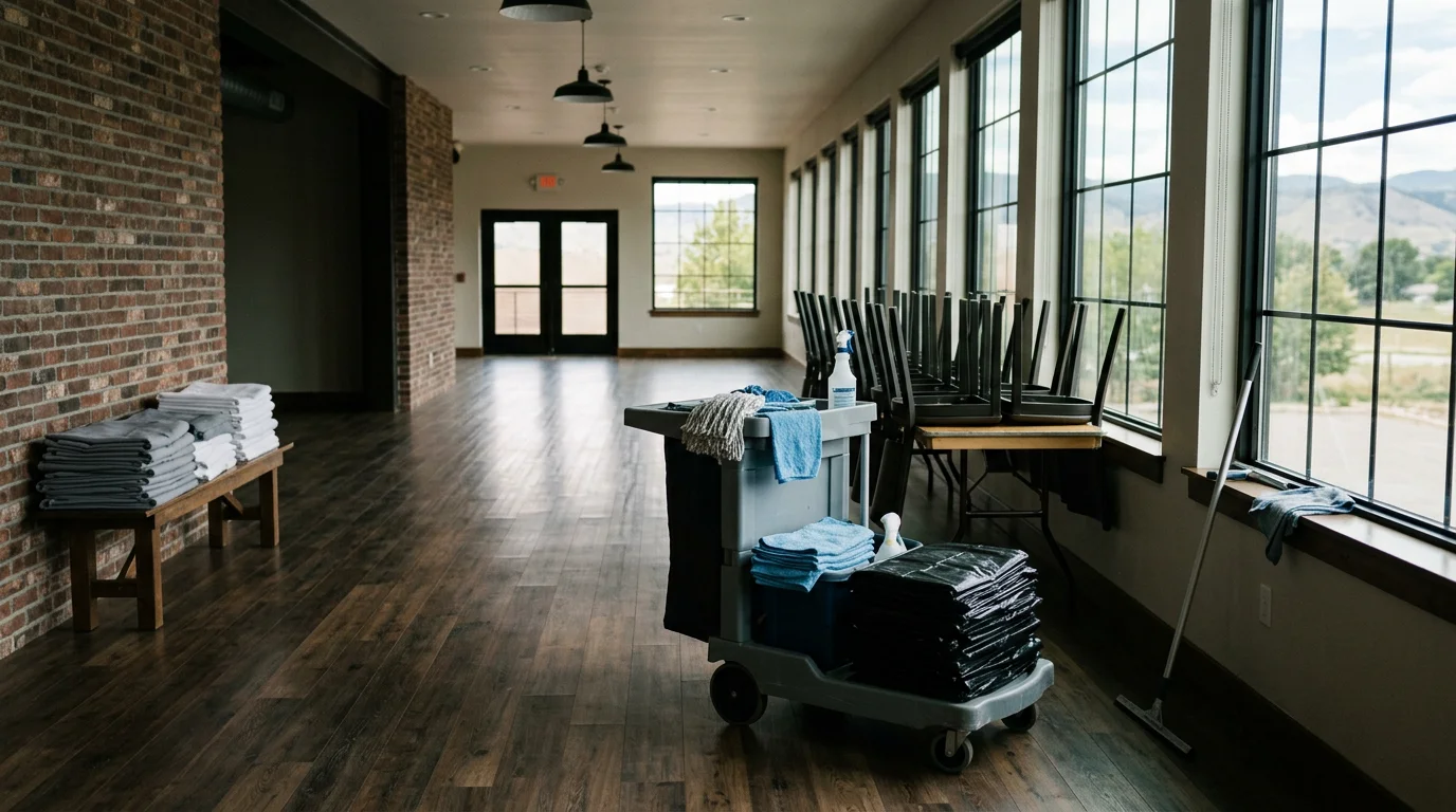 A cleaned event space in Longmont, CO with cleared floors, wiped tables, and empty trash stations after a reception. The room is reset and ready for the next booking.