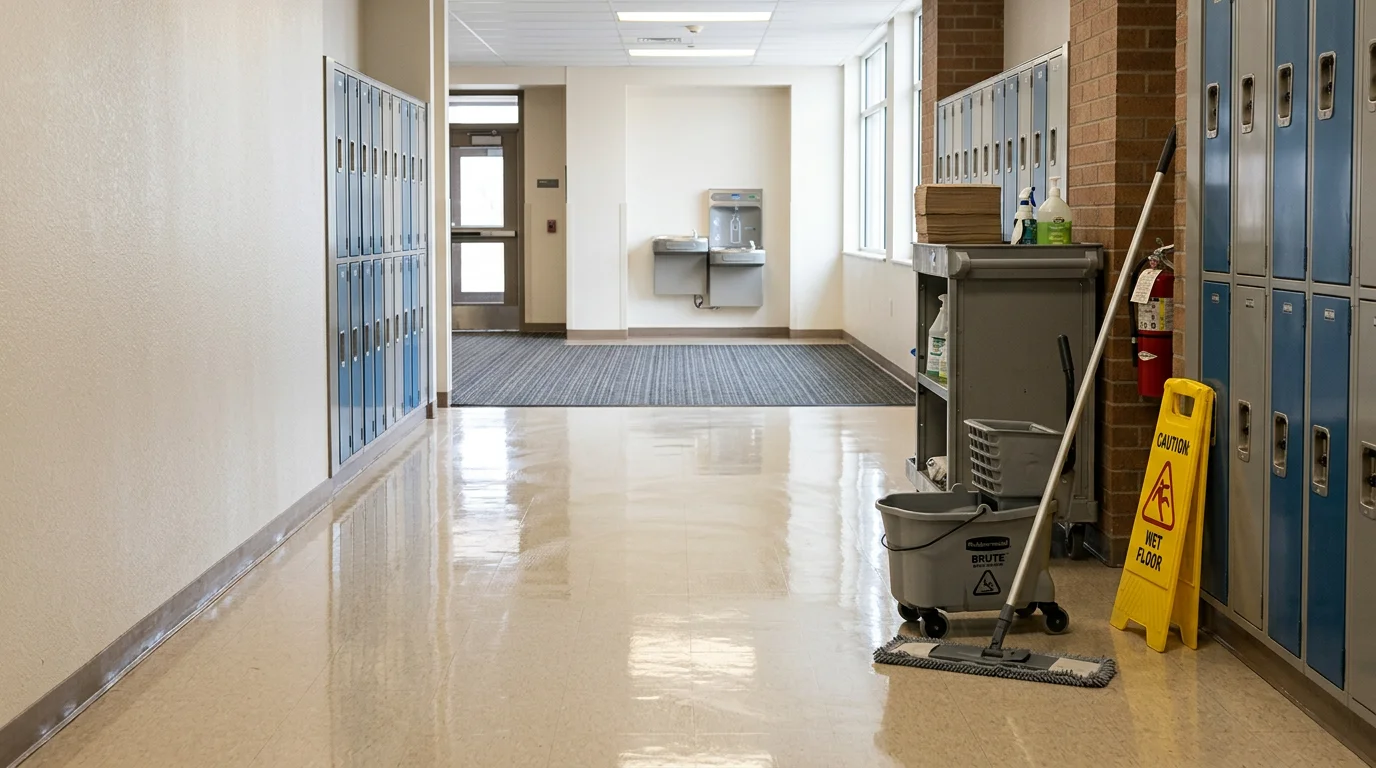 Clean school hallway with disinfected lockers and polished floors in a Longmont, Colorado educational facility. A janitorial cart is positioned near a classroom entrance after a routine cleaning visit by Amazing Cleaning LLC.