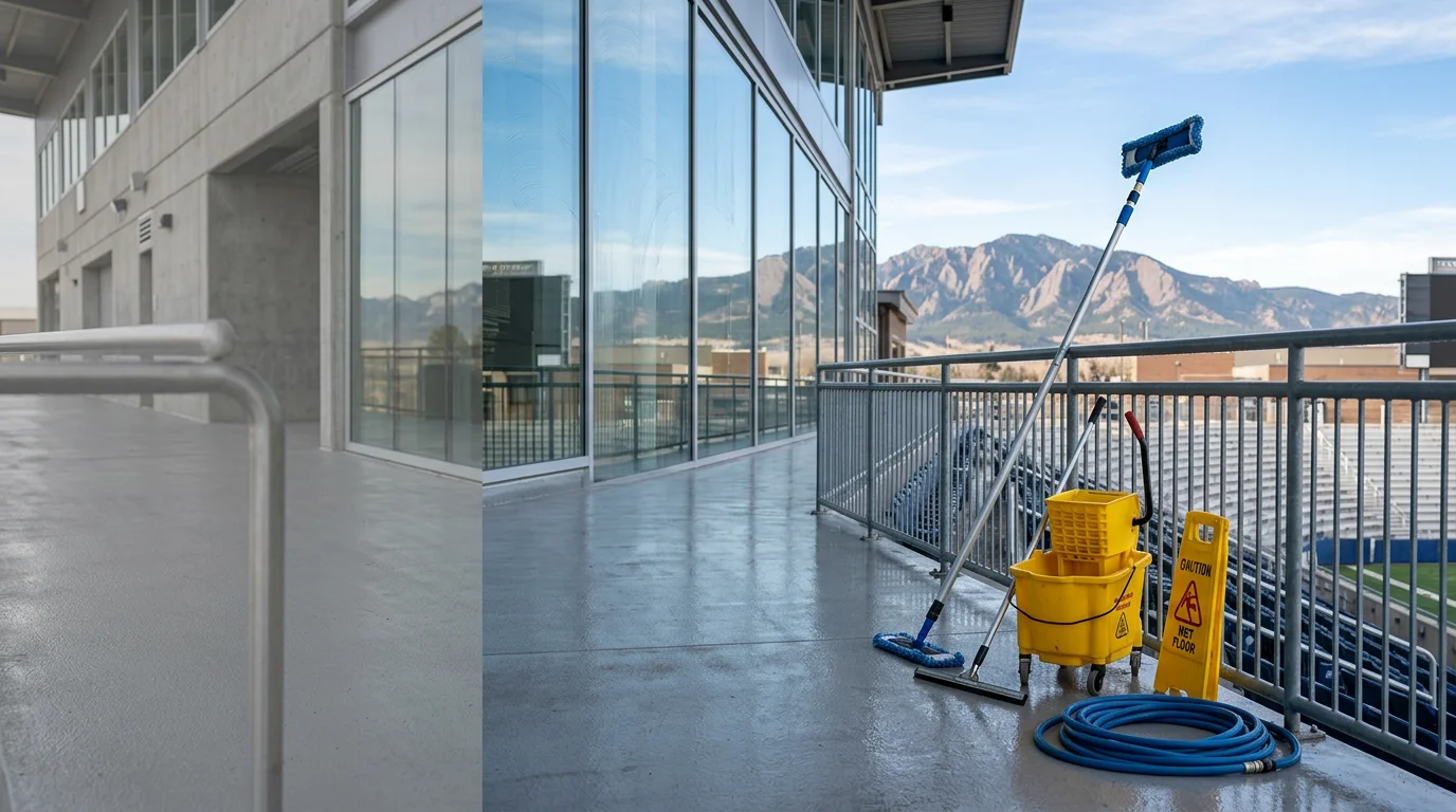 A cleaned stadium seating section and concourse in the Longmont, Colorado area, with bleachers free of debris and walkways cleared after an event. Amazing Cleaning LLC stadium cleaning service result at a Front Range sports venue.