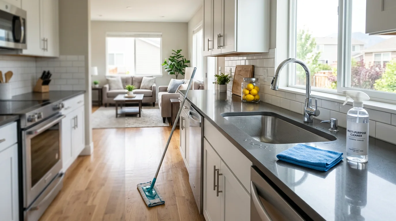 A clean, bright kitchen in a Longmont, CO single-family home with wiped counters, polished sink, and mopped floors after a standard cleaning visit by Amazing Cleaning LLC.