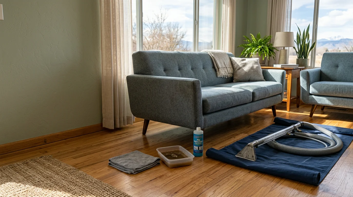 A clean, freshly cleaned fabric sofa in a Longmont, CO living room after professional upholstery cleaning service. The cushions are free of visible stains and the fabric texture is restored.
